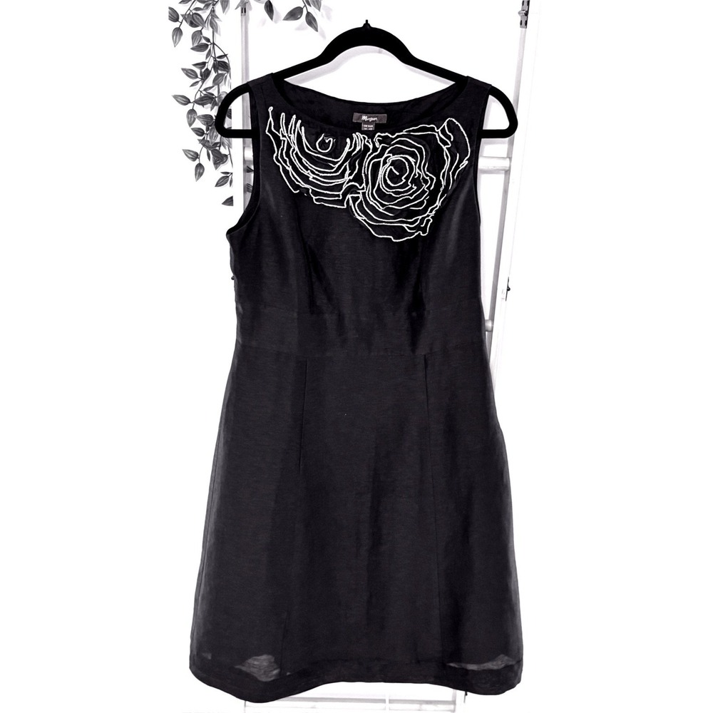 Monsoon Black Linen/Silk Floral Applique A-Line Dress 10 Wedding Guest Cocktail - Picture 3 of 9